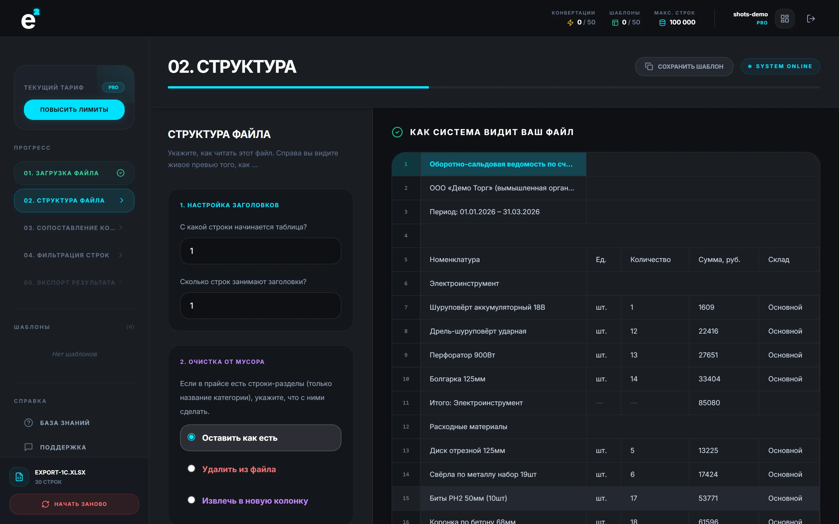 Сырая выгрузка 1С: шапка отчёта, группы, итоги