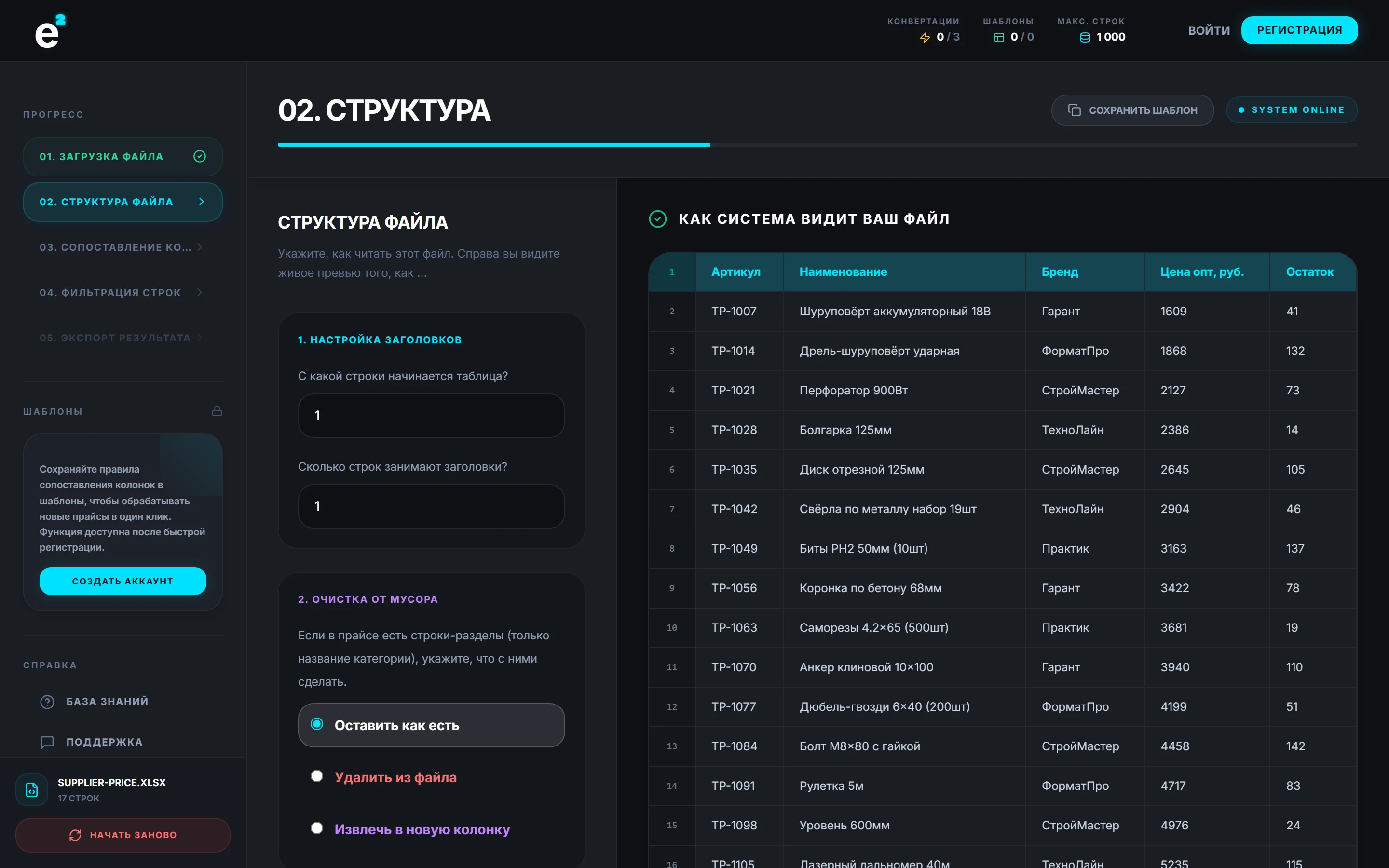 Структура прайса поставщика